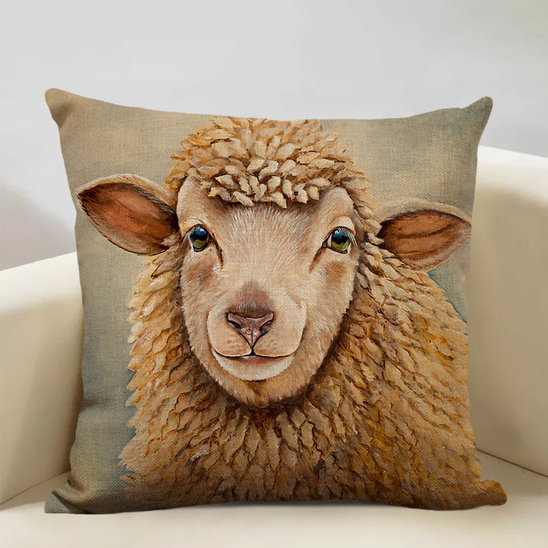 Axyaa Cattle and Sheep Cushion Cover for Home Decor - 45x45cm Linen Pillow