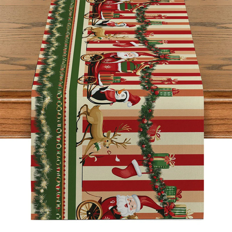 Axyaa Christmas Table Runner: Santa Deer Cart Presents Snowflakes Farmhouse Dining Decor