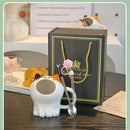 Axyaa Big Mouth Cat Ceramic Mug with Gift Box and Straw