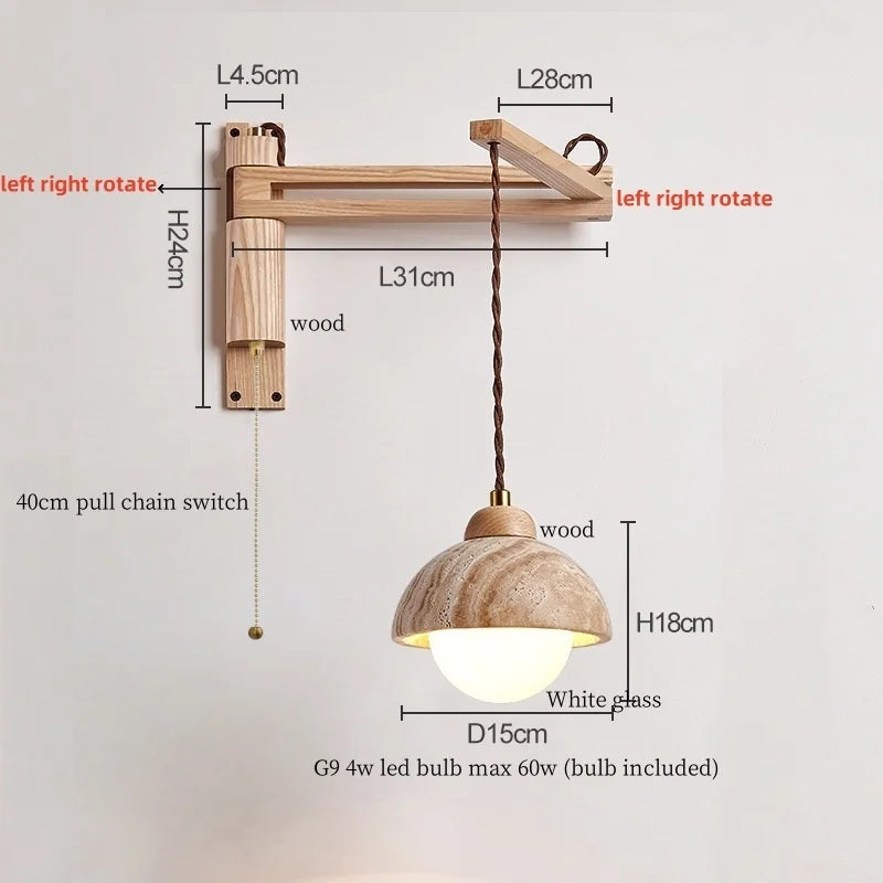 Axyaa Wood Stone LED Wall Lamp with Pull Switch, Stretching and Folding for Home Lighting