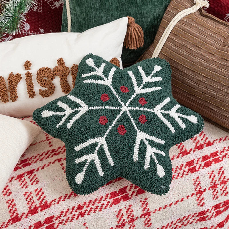 Axyaa Christmas Cushion Cover Snowflake Tree Green Red Checked Tassels