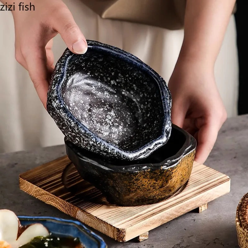 Axya Stone Pattern Ceramic Soup Bowl Set - Unique Irregular Design for Desserts, Snacks, Sushi