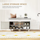 Axyaa Bamboo Storage Bench with Cushioned Seat, Double-Door Cabinet, 2-Tier Entryway Furniture