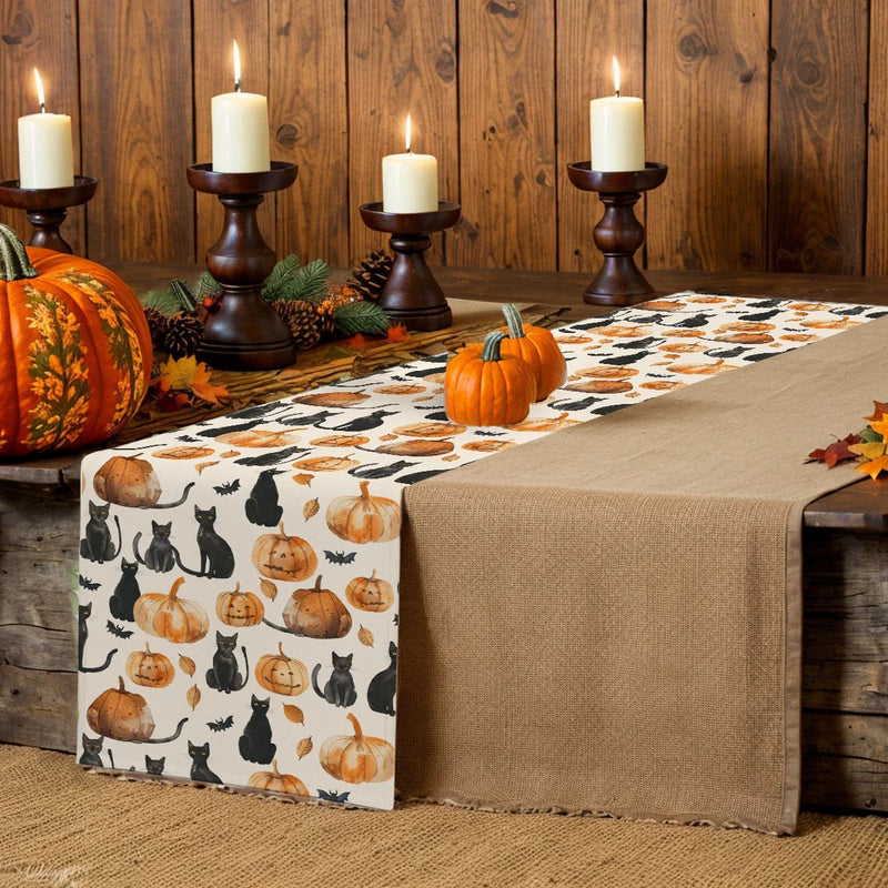 Watercolor Pumpkin Black Cat Table Runner by Axyaa