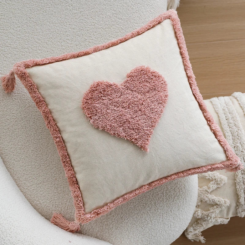 Pink Love Tufted Tassel Linen Cushion Cover for Home Decor - Axyaa