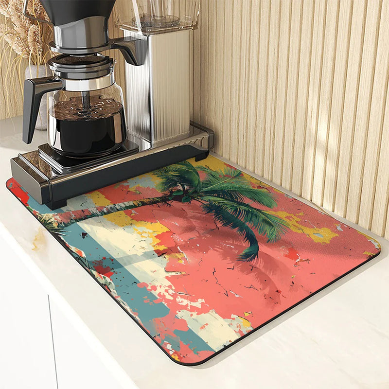 Tropical Plants Drying Mat by Axyaa: Non-Slip Absorbent Tableware Mat