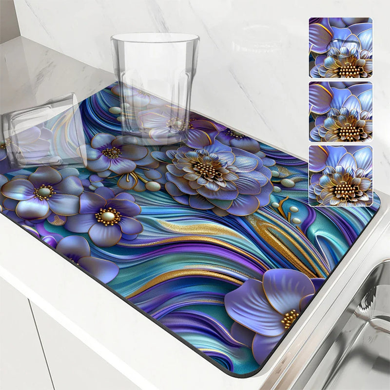 Axyaa Flower Kitchen Absorbent Mat - Quick Dry Dish Drying & Bathroom Drain Pad