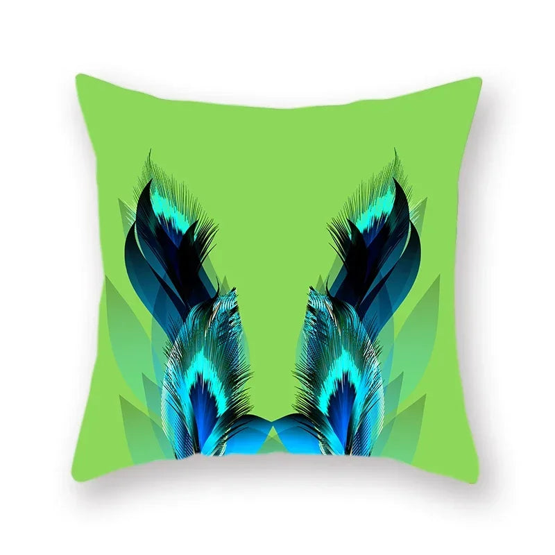 Axyaa Avocado Green Feather Print Pillow Cover 45x45cm