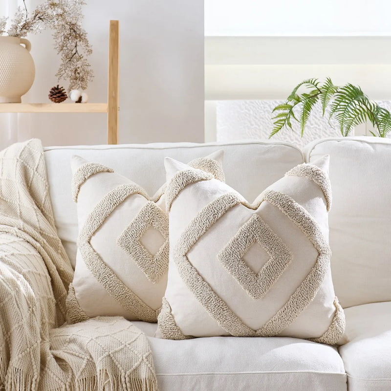 Axyaa Tufted Tassel Diamond Cushion Cover - Boho Style - 45x45cm