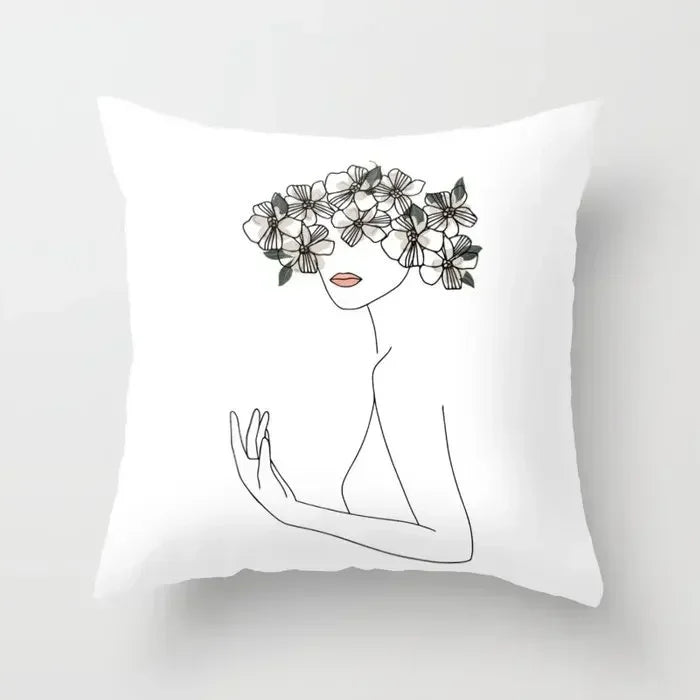 Minimalist White Pillow Cover - Axyaa Portrait Sketch Nordic Cushion