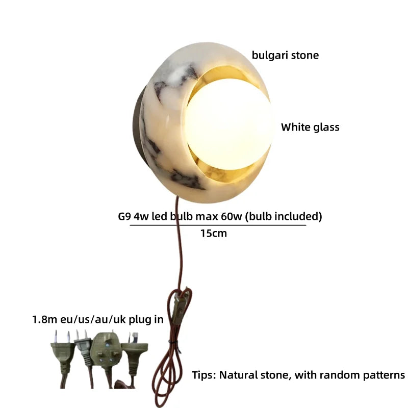 Axyaa Round Bulgari Stone LED Wall Lamp with Switch, White Glass Ball, Nordic Modern