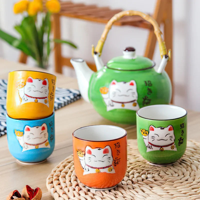 Axya Lucky Cat Ceramic Tea Set with Wooden Tray and Tea Cups