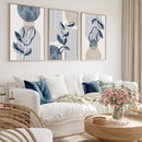 Bohemian Navy Blue Beige Geometric Plant Prints by Axyaa - Set of 3