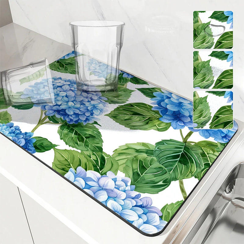Axyaa Hydrangeas Watercolor Drying Mat: Non-Slip Absorbent Tableware Mat