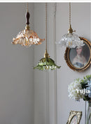 Axyaa Vintage Floral Glass Pendant Lamp with Handblown Lampshade—Brass or Wood Fixture