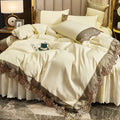 Luxury European Embroidery Four Piece Set by Axyaa - Polished Solid Color & Lace Bed Skirt