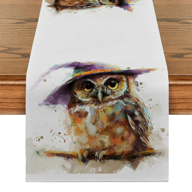 Axyaa Halloween Owl Wizard Hat Table Runner - Elegant Home Dining Decor