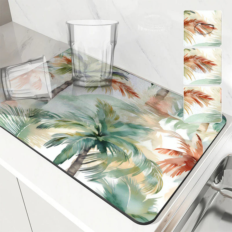 Axyaa Tropical Plants Watercolor Drying Mat: Non-Slip Absorbent Kitchen Counter Mat