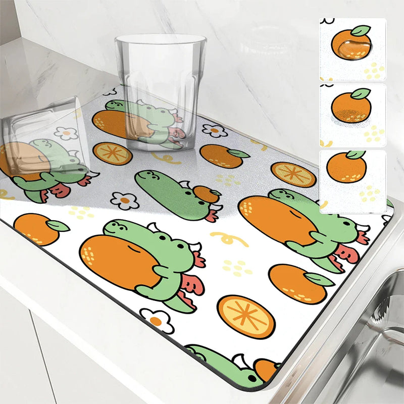 Axyaa Cartoon Dragon Kitchen Drying Mat - Anti-slip & Absorbent Drain Pad