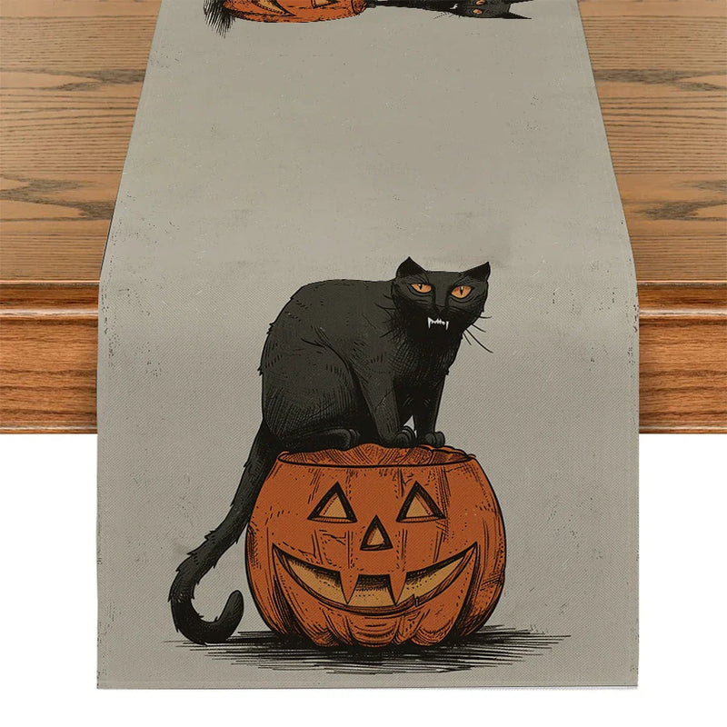 Axyaa Halloween Cat Pumpkin Head Table Runner