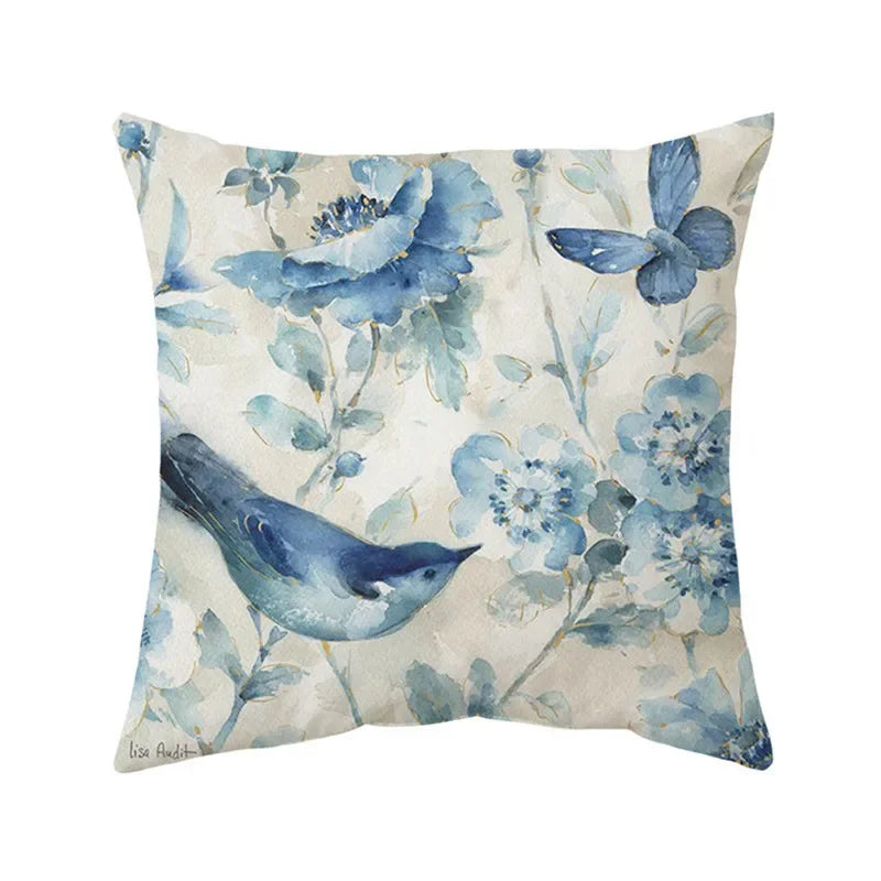Luxurious Blue Bird Floral Pillowcase by Axyaa - 45x45cm Square Decor for Home & Office
