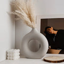Axyaa Circular Hollow Vase: Donuts Ceramic Flower Vase for Home & Office Decor