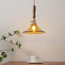 Axyaa Amber Glass LED Pendant Light with Walnut Handle for Modern Décor.