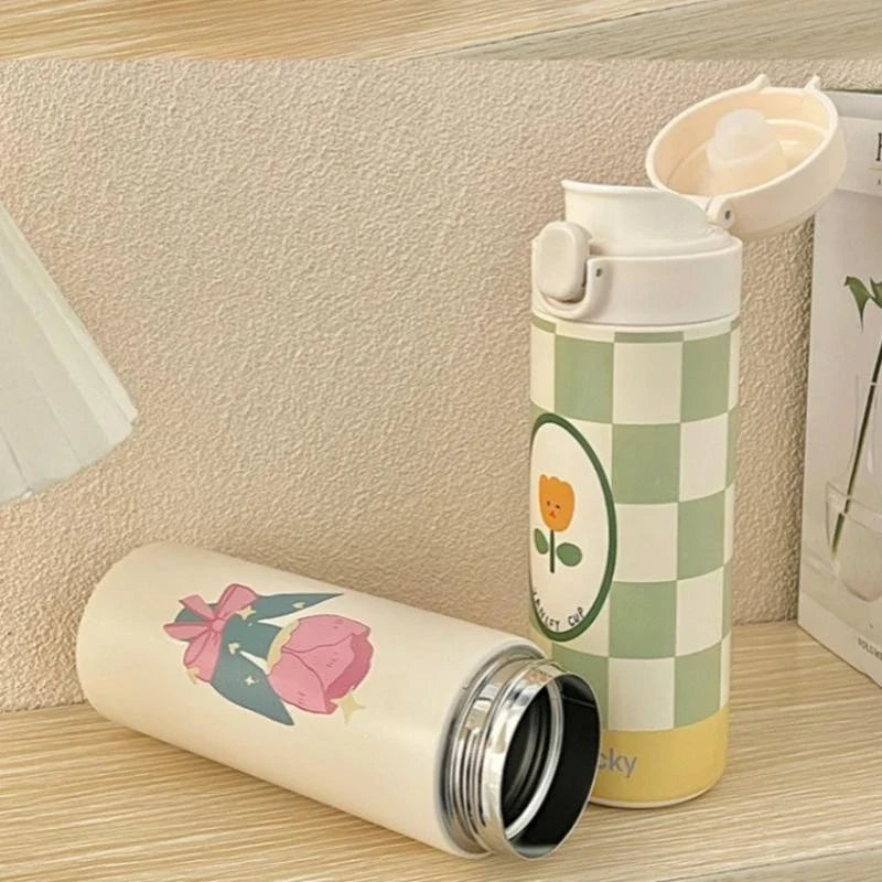 Axyaa Cartoon Tulip Thermos Cup with Straw, Leak-Proof Travel Water Bottle
