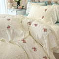 Axyaa Romantic Lace Gauze Bedding Set: Queen Size, Elegant Princess Style, Embroidered Duvet Cover, Ruffled Quilt Cover