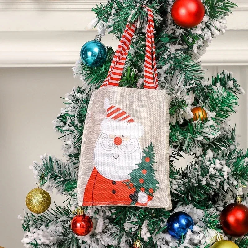 Christmas Candy Bag with Snowman & Santa Claus Pattern by Axyaa - Festive Tote Bag