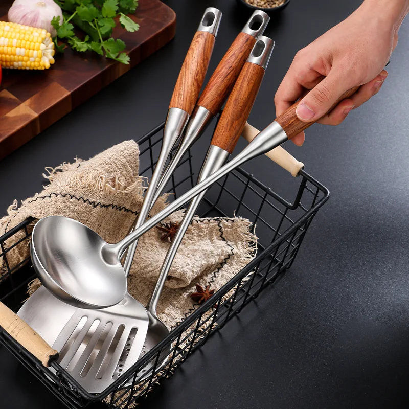 Axyaa Stainless Steel Wooden Handle Kitchen Utensils Set
