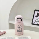 Axyaa Kawaii Dog Mini Thermos with Straw, 500ml Stainless Steel Thermal Cup