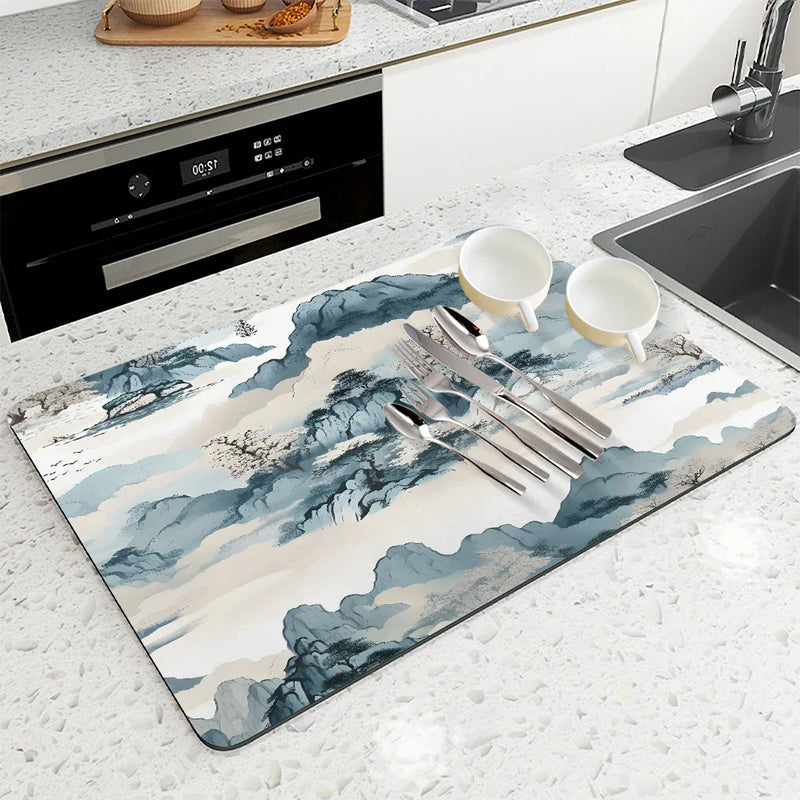 Axyaa Natural Scenery Square Dry Mat - Anti-slip & Absorbent Coffee Tablewear and Dish Drainer