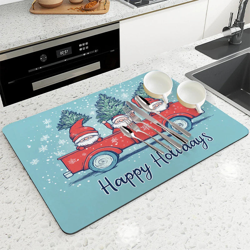 Axyaa Christmas Dish Drying Mat - Heat Resistant Non-slip Kitchen Counter Pad