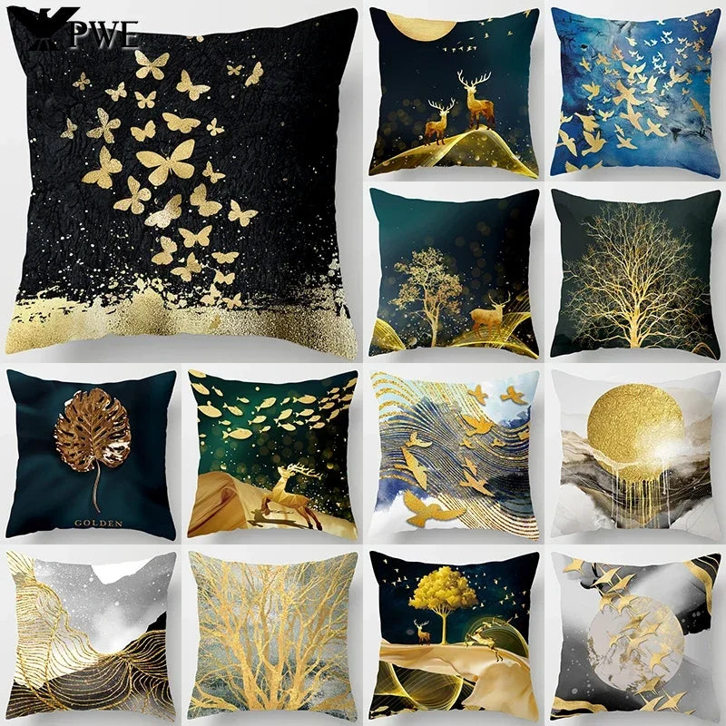 Axyaa Black Gold Elk Tree Bird Butterfly Printed Pillowcase for Living Room Home