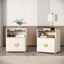 Axyaa Modern 2-Drawer Nightstand with Glass Top, Open Storage Space, Wood End Table