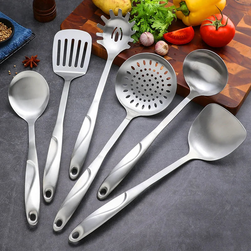 Axyaa Stainless Steel Kitchenware Set: Spatula, Rice Spoon, Colander, Utensils
