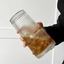 Axyaa Stripe Glass Coffee Cup With Lid and Straw - Transparent Drinkware for Refreshing Beverages
