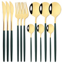 Axyaa 12-Piece Black Gold Stainless Steel Cutlery Set for Parties and Kitchens