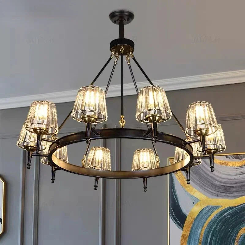 Axyaa Retro Matte Black Metal Crystal Chandelier Pendant Lights
