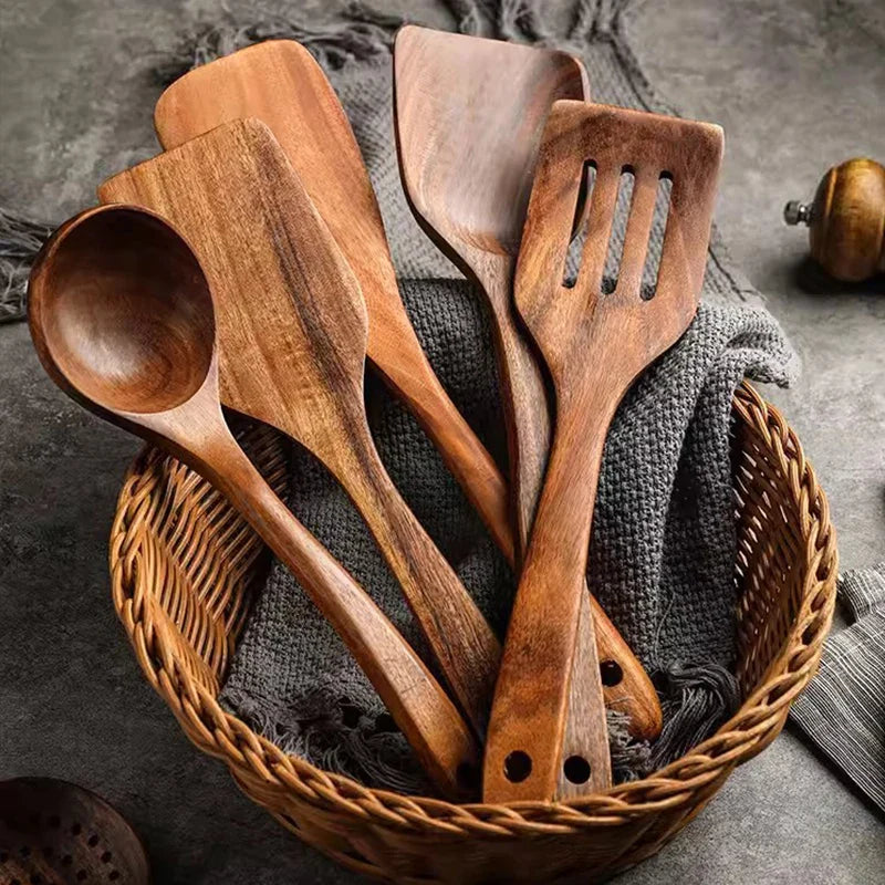 Axya Teak Wooden Cooking Utensil Set with Hanging Hooks