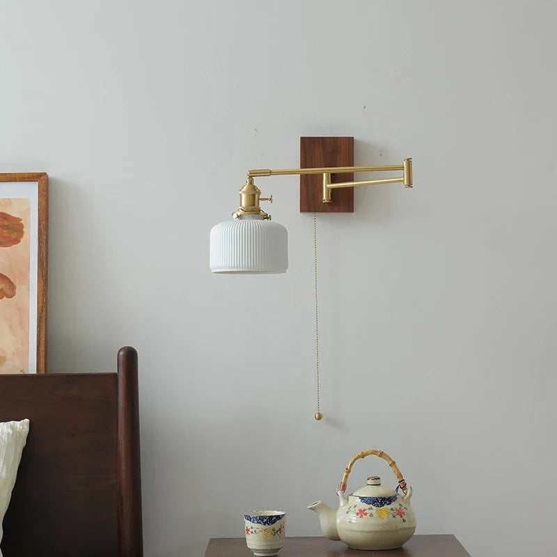 Axyaa Walnut Ceramic LED Wall Lamp with Copper Arm, Rotate, Pull Chain Switch