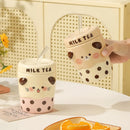 Axyaa Cartoon Milk Tea Ceramic Couple Mugs with Lid, Ceramic Straw Cup for Home and Office