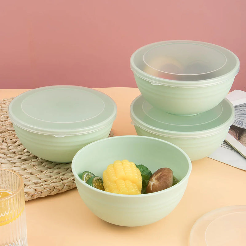 Axyaa Light Green Plastic Bowl Set with Lid for Kitchen, RV, Camping & Work