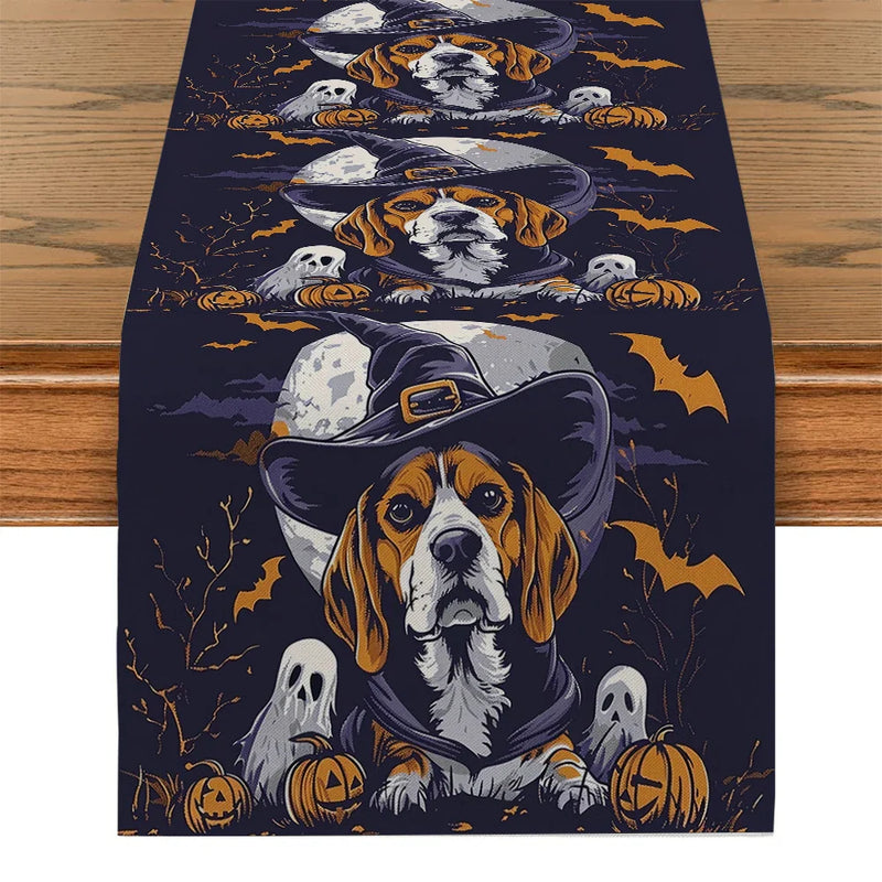 Axyaa Halloween Dog Bat Wizard Hat Table Runner for Kitchen Dining Party Decor
