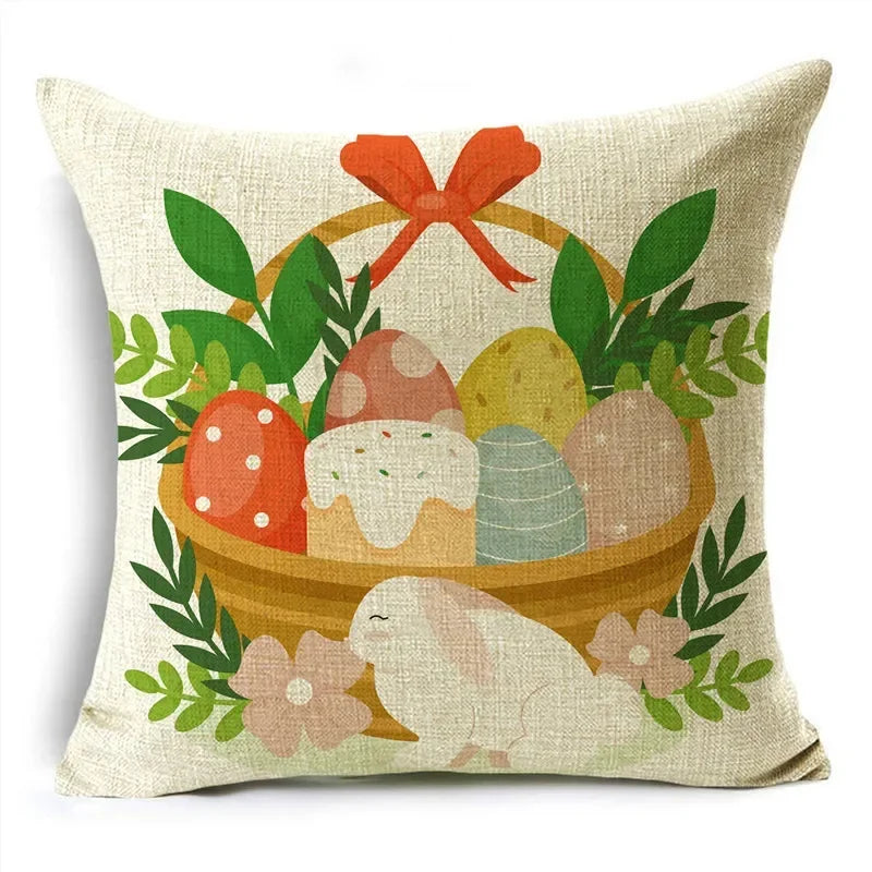 Axyaa Easter Pillowcase with Colored Eggs and Rabbit Print