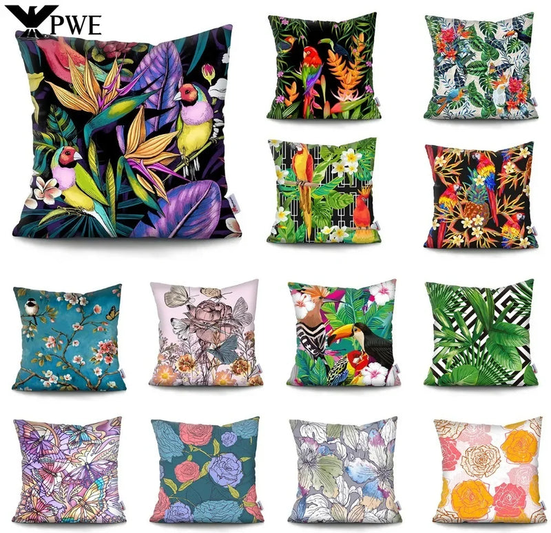 Axyaa Tropical Plant Parrot Decorative Pillow Cover - Flowers Sofa Cushion Case