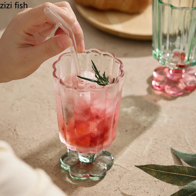 Axya Flower Glass Cups: High Foot Drinkware for Juice, Wine, and More
