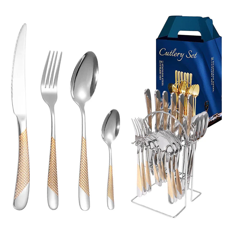 Axyaa Stainless Steel Tableware Set: Steak Knife, Fork, Dessert Spoon - 24pcs