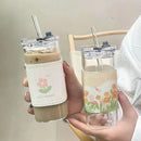 Axyaa Transparent Glass Coffee Cup with Lid and Straw, Heat Resistant Drinkware